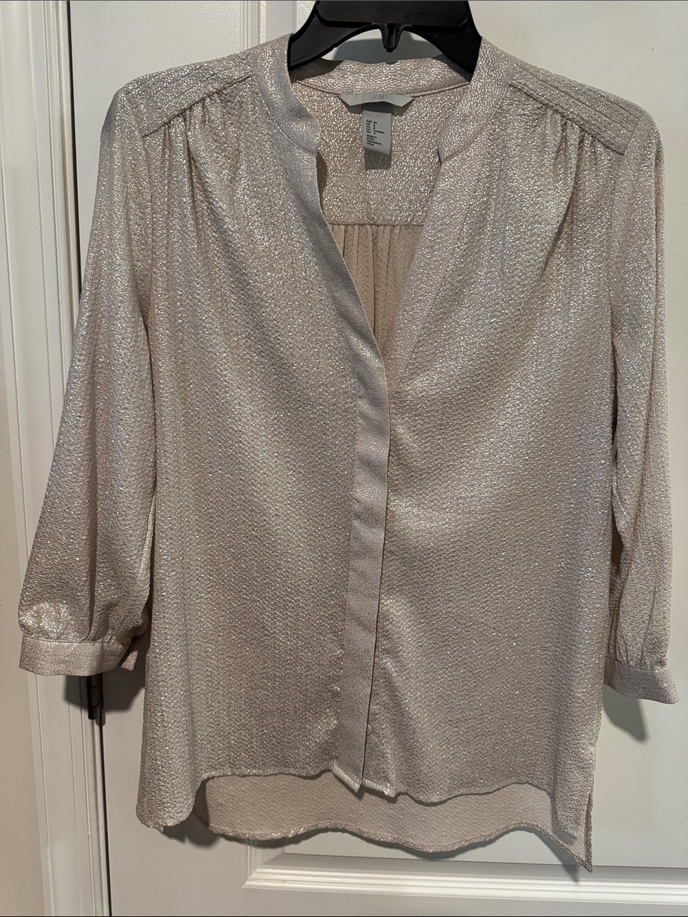 Shimmery Champagne Blouse, elbow sleeves, v-neck, size 8